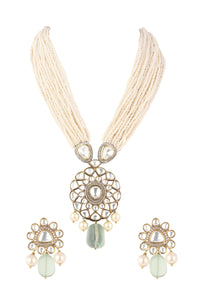 Two Tone Moissanite Necklace And Earring Set With Pearl Drops