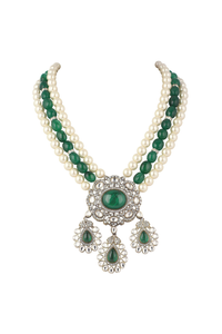 Two Tone Moissanite Necklace And Earring Set In Mix Metal With Green Stones