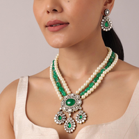 Two Tone Moissanite Necklace And Earring Set In Mix Metal With Green Stones