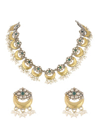 Two Tone Oxidised Necklace And Earrings Set With Pearls