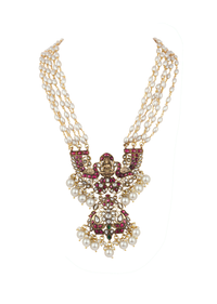 Two Tone Temple Style Necklace Set With Pearls And Red Meenakari Work