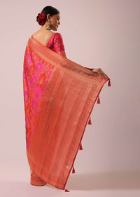 Two Toned Pink Silk And Satin Rangkat Saree With Brocade Weave