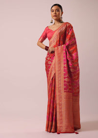 Two Toned Pink Silk And Satin Rangkat Saree With Brocade Weave