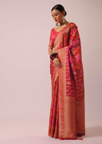 Two Toned Pink Silk And Satin Rangkat Saree With Brocade Weave