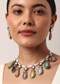 Two Two Finish Necklace Set With Multicolor Stone Drops And Pearls