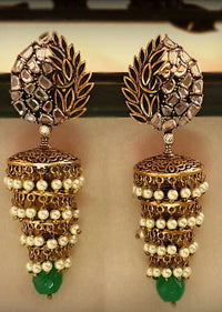 Uncut Stone Studded Five Layer Jhumkas With Antique Gold Finish, Green Bead And Pearls Online - Kalki Fashion