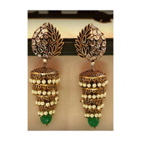 Uncut Stone Studded Five Layer Jhumkas With Antique Gold Finish, Green Bead And Pearls Online - Kalki Fashion