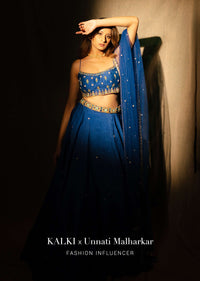 Royal Blue Lehenga Choli In Raw Silk With Hand Embroidered Butti Design Using Mint Sequins And Cut Dana Work