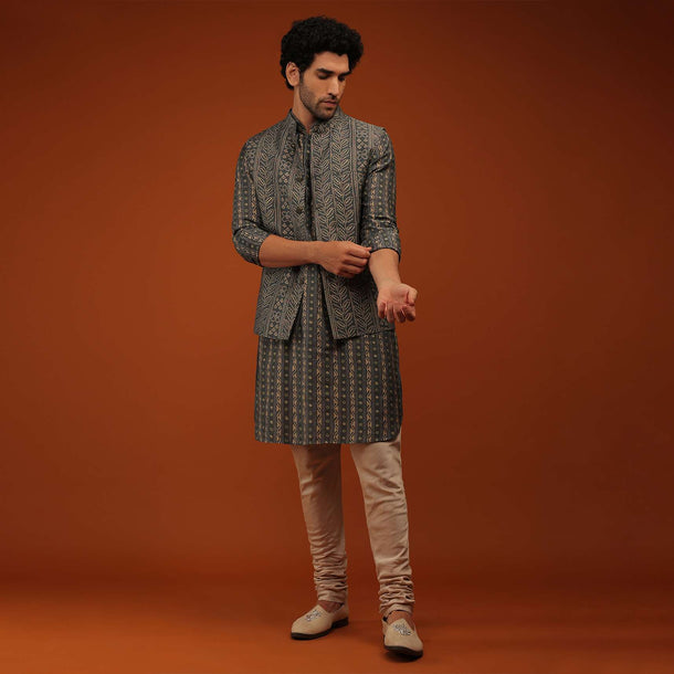 Urban Chick Nehru Jacket And Kurta Set In Bandhani Print, Matching Hand Block Print Kurta In Full Sleeves