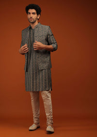 Urban Chick Nehru Jacket And Kurta Set In Bandhani Print, Matching Hand Block Print Kurta In Full Sleeves