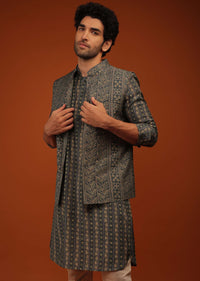 Urban Chick Nehru Jacket And Kurta Set In Bandhani Print, Matching Hand Block Print Kurta In Full Sleeves