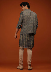 Urban Chick Nehru Jacket And Kurta Set In Bandhani Print, Matching Hand Block Print Kurta In Full Sleeves