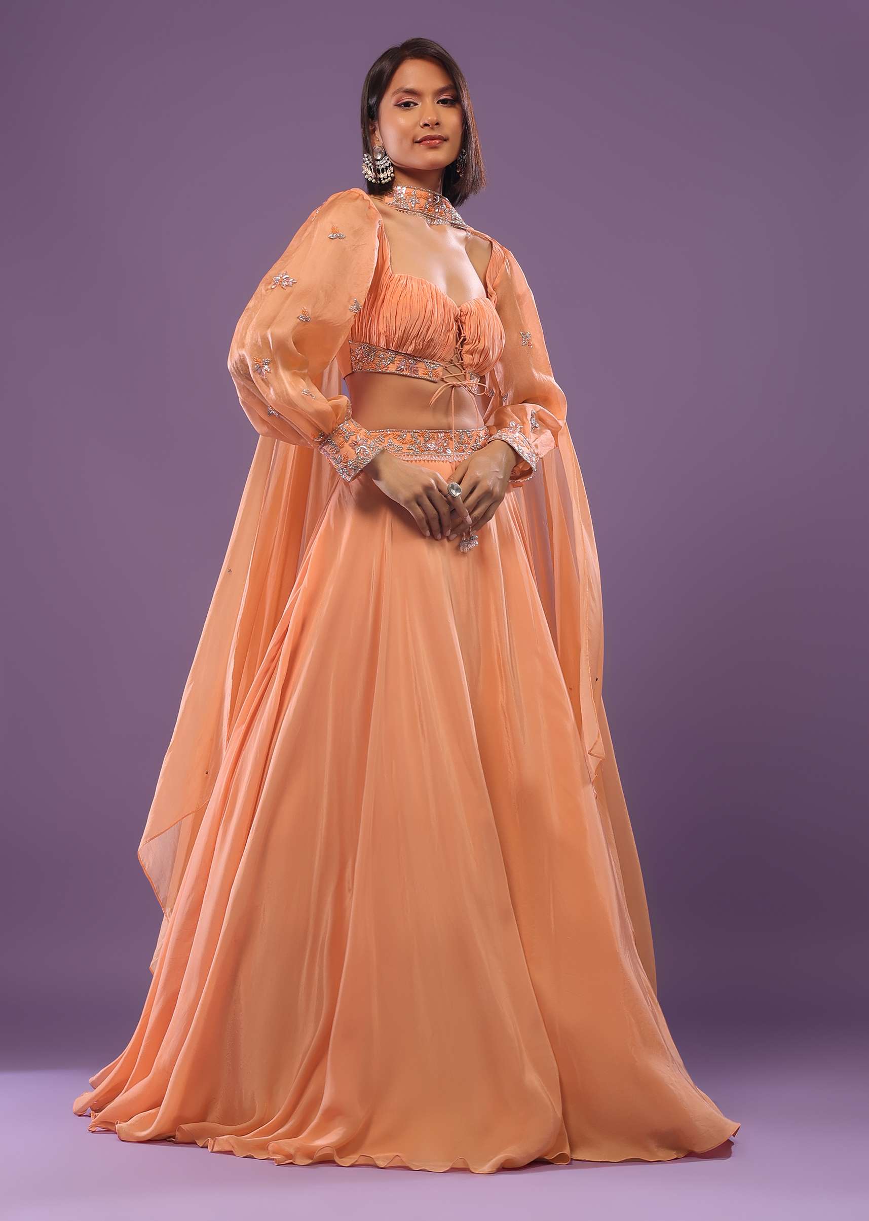 Urmi Daga In Tangerine Orange Embroidered Lehenga In Crepe