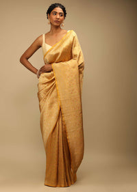 Corn Yellow Saree In Pure Handloom Silk With Woven Jaal Design