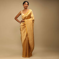 Corn Yellow Saree In Pure Handloom Silk With Woven Jaal Design