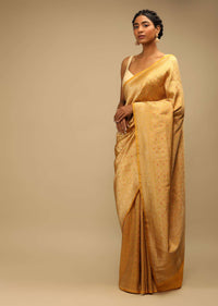 Corn Yellow Saree In Pure Handloom Silk With Woven Jaal Design