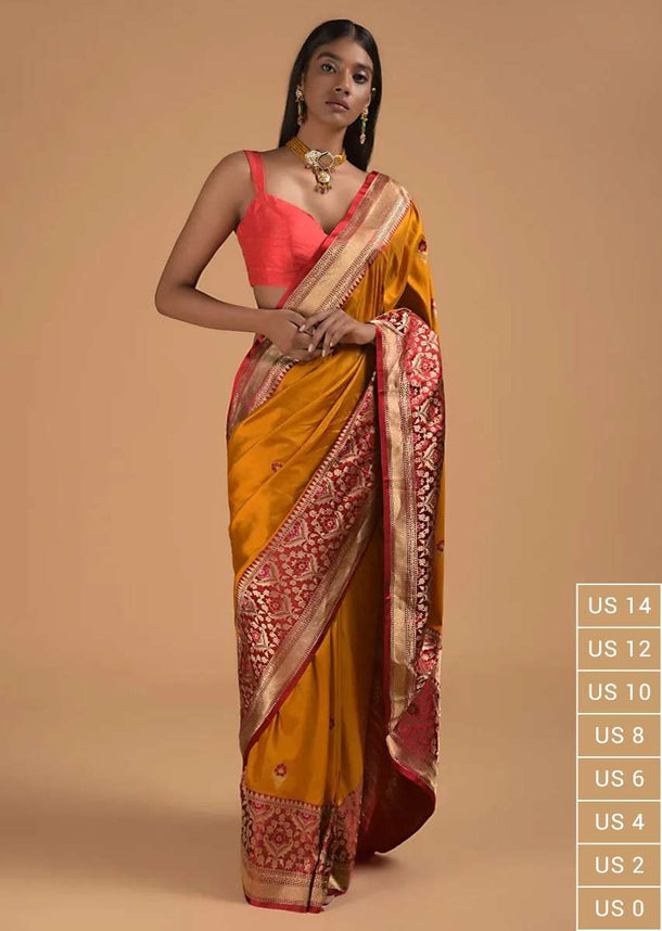 Mustard Yellow Pure Handloom Saree In Silk With Woven Buttis And Red Border Online - Kalki Fashion