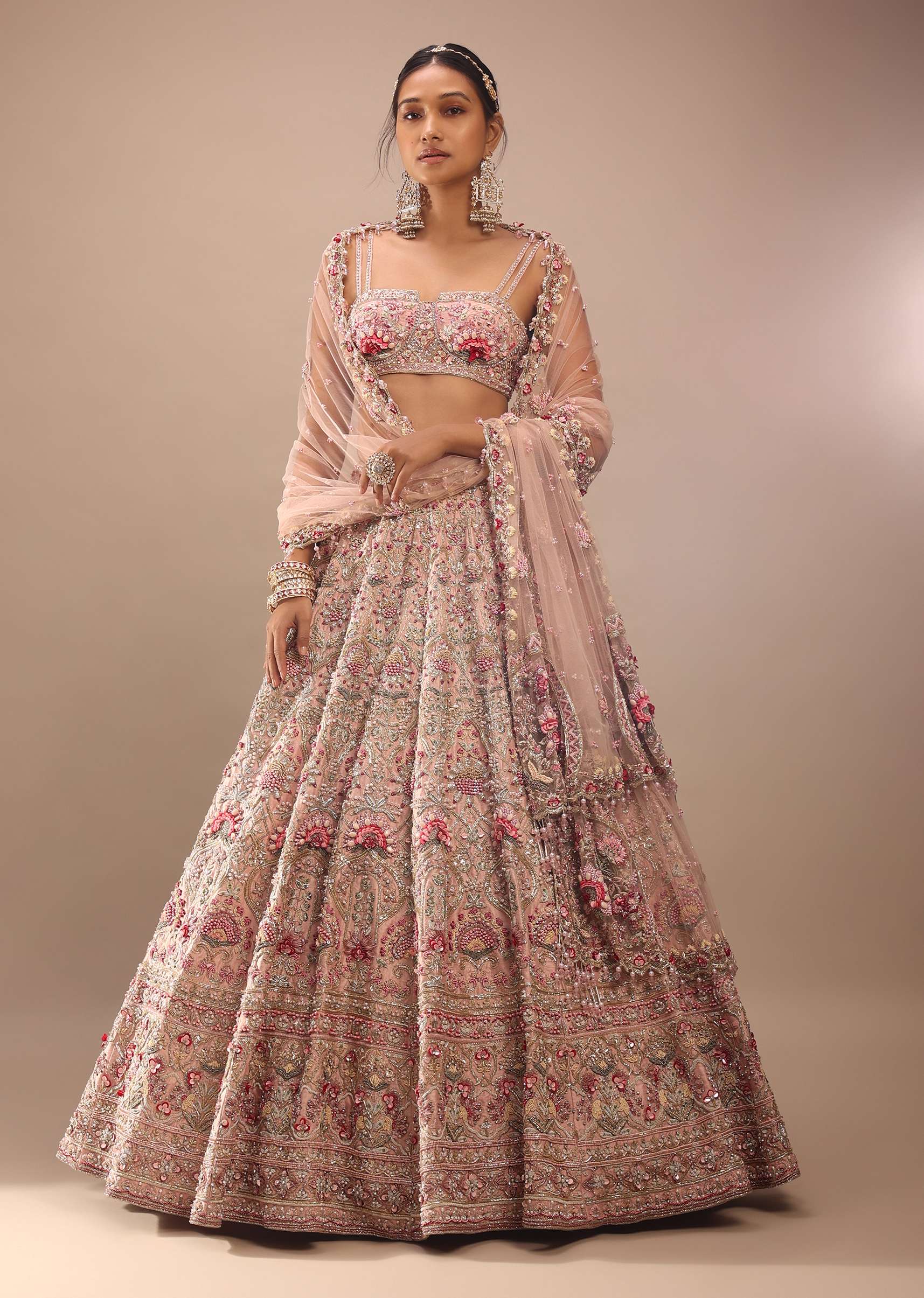 Charm Pink Rumi Lehenga Set With Matching Crop Top In 3D Flower Motifs And Abla Embroidery