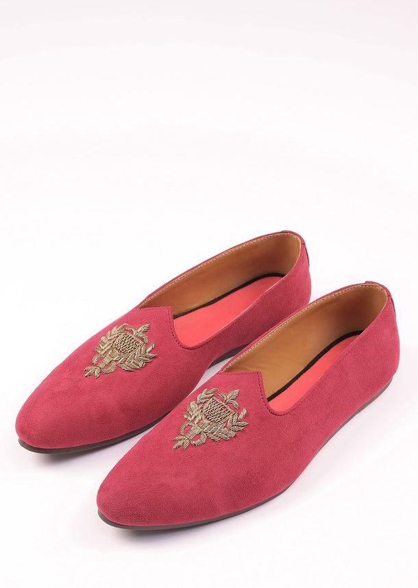 Valentine Red Juttis For Men In Suede With Embroidery