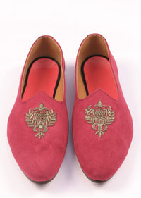 Valentine Red Juttis For Men In Suede With Embroidery