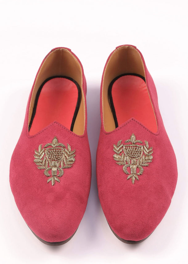 Valentine Red Juttis For Men In Suede With Embroidery