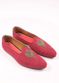 Valentine Red Juttis For Men In Suede With Embroidery