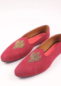 Valentine Red Juttis For Men In Suede With Embroidery