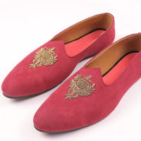 Valentine Red Juttis For Men In Suede With Embroidery