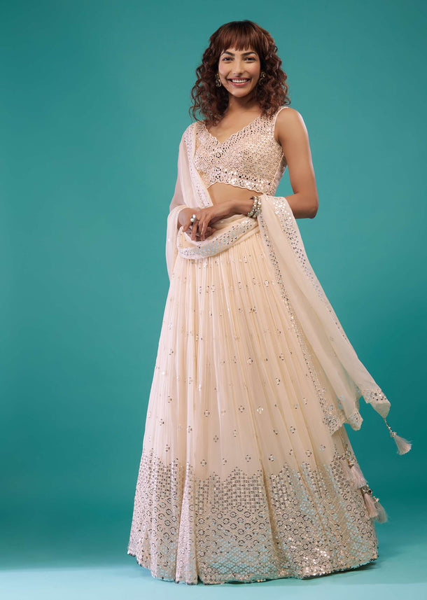 Beige White Embroidered Lehenga Set In Georgette