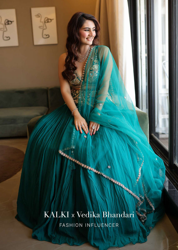 Emerald Green Embroidered Lehenga Set In Georgette