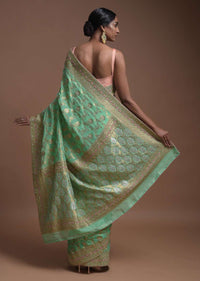 Vegan Green Banarasi Saree In Georgette With Weaved Floral Jaal Along With Kundan Work Online - Kalki Fashion