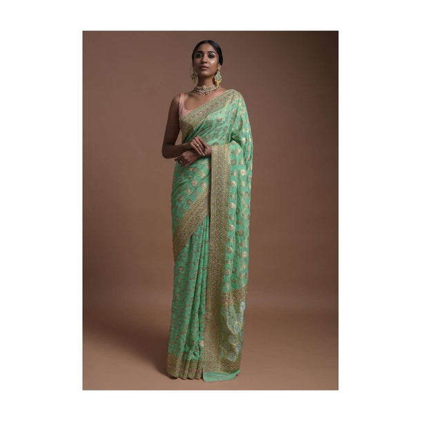 Vegan Green Banarasi Saree In Georgette With Weaved Floral Jaal Along With Kundan Work Online - Kalki Fashion