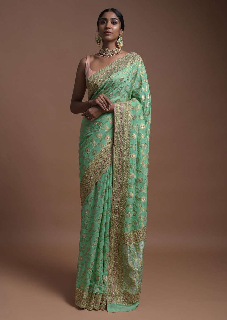 Vegan Green Banarasi Saree In Georgette With Weaved Floral Jaal Along With Kundan Work Online - Kalki Fashion