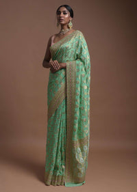 Vegan Green Banarasi Saree In Georgette With Weaved Floral Jaal Along With Kundan Work Online - Kalki Fashion