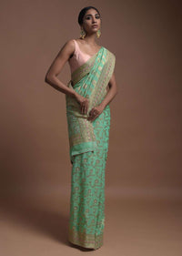 Vegan Green Banarasi Saree In Georgette With Weaved Floral Jaal Along With Kundan Work Online - Kalki Fashion