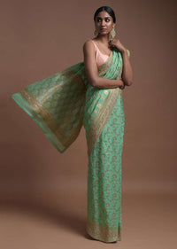 Vegan Green Banarasi Saree In Georgette With Weaved Floral Jaal Along With Kundan Work Online - Kalki Fashion