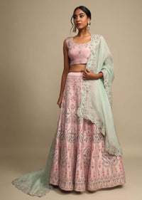 Veiled Rose Pink Lehenga Choli In Raw Silk With Zardozi Embroidered Ethnic Floral Kalis