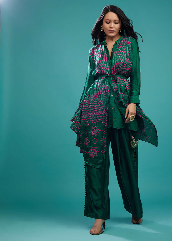 Emerald Green Bandhani Top & Palazzo In Gajji Silk