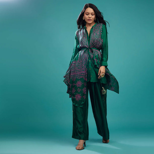 Emerald Green Bandhani Top & Palazzo In Gajji Silk