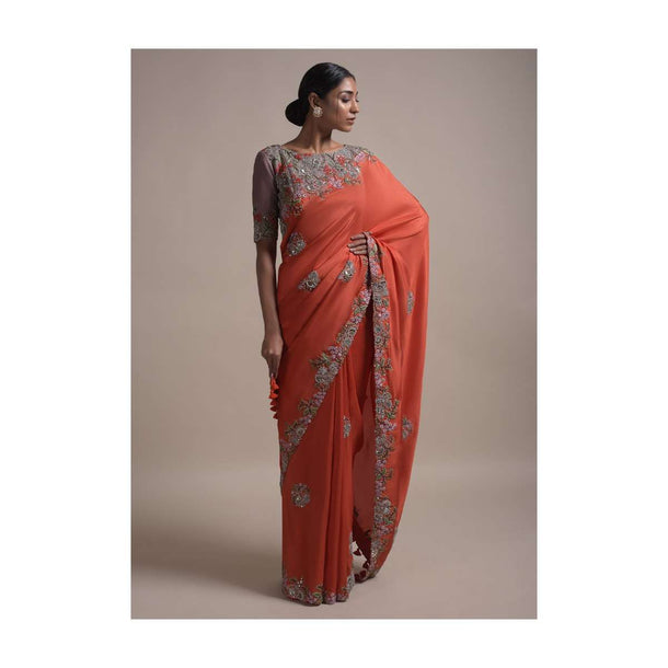 Vermillion Orange Saree In Silk Blend With Thread And Zardozi Embroidery In Floral Pattern Online - Kalki Fashion