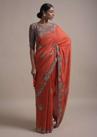 Vermillion Orange Saree In Silk Blend With Thread And Zardozi Embroidery In Floral Pattern Online - Kalki Fashion