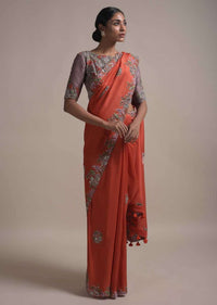 Vermillion Orange Saree In Silk Blend With Thread And Zardozi Embroidery In Floral Pattern Online - Kalki Fashion