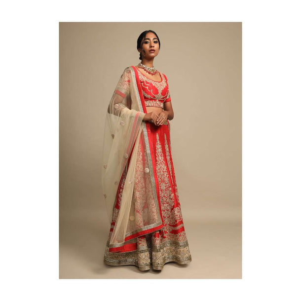 Vermillion Red Lehenga Choli In Raw Silk With Zari Embroidered Floral Kalis Online - Kalki Fashion