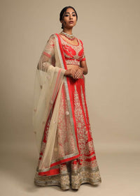 Vermillion Red Lehenga Choli In Raw Silk With Zari Embroidered Floral Kalis Online - Kalki Fashion