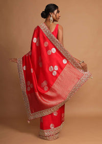 Vermillion Red Saree In Dola Silk With Weaved Floral Buttis And Zari Border Online - Kalki Fashion