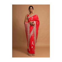 Vermillion Red Saree In Dola Silk With Weaved Floral Buttis And Zari Border Online - Kalki Fashion