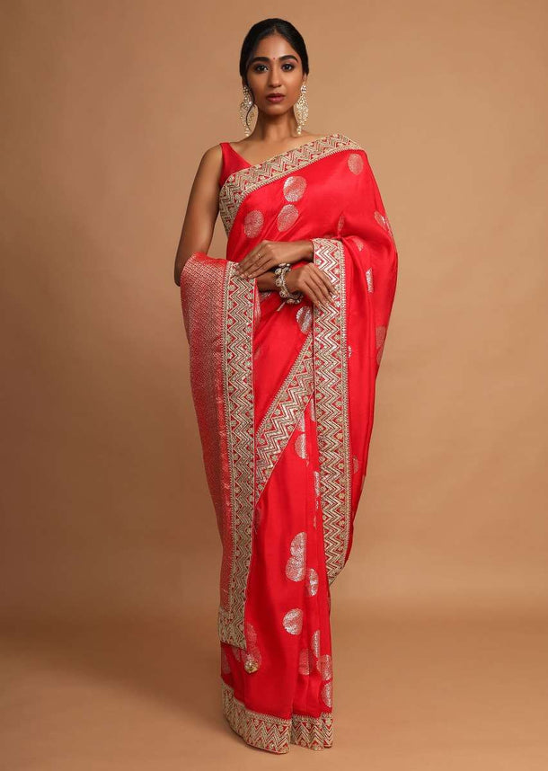 Vermillion Red Saree In Dola Silk With Weaved Floral Buttis And Zari Border Online - Kalki Fashion