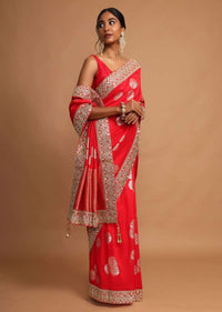 Vermillion Red Saree In Dola Silk With Weaved Floral Buttis And Zari Border Online - Kalki Fashion