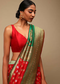 Vermillion Red Saree In Art Handloom Silk With Green Woven Border And Two Toned Buttis Along With Unstitched Blouse