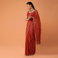 Vermillion Red Saree In Zari Kota Silk With Gotta Patti Embroidered Buttis And Border Design